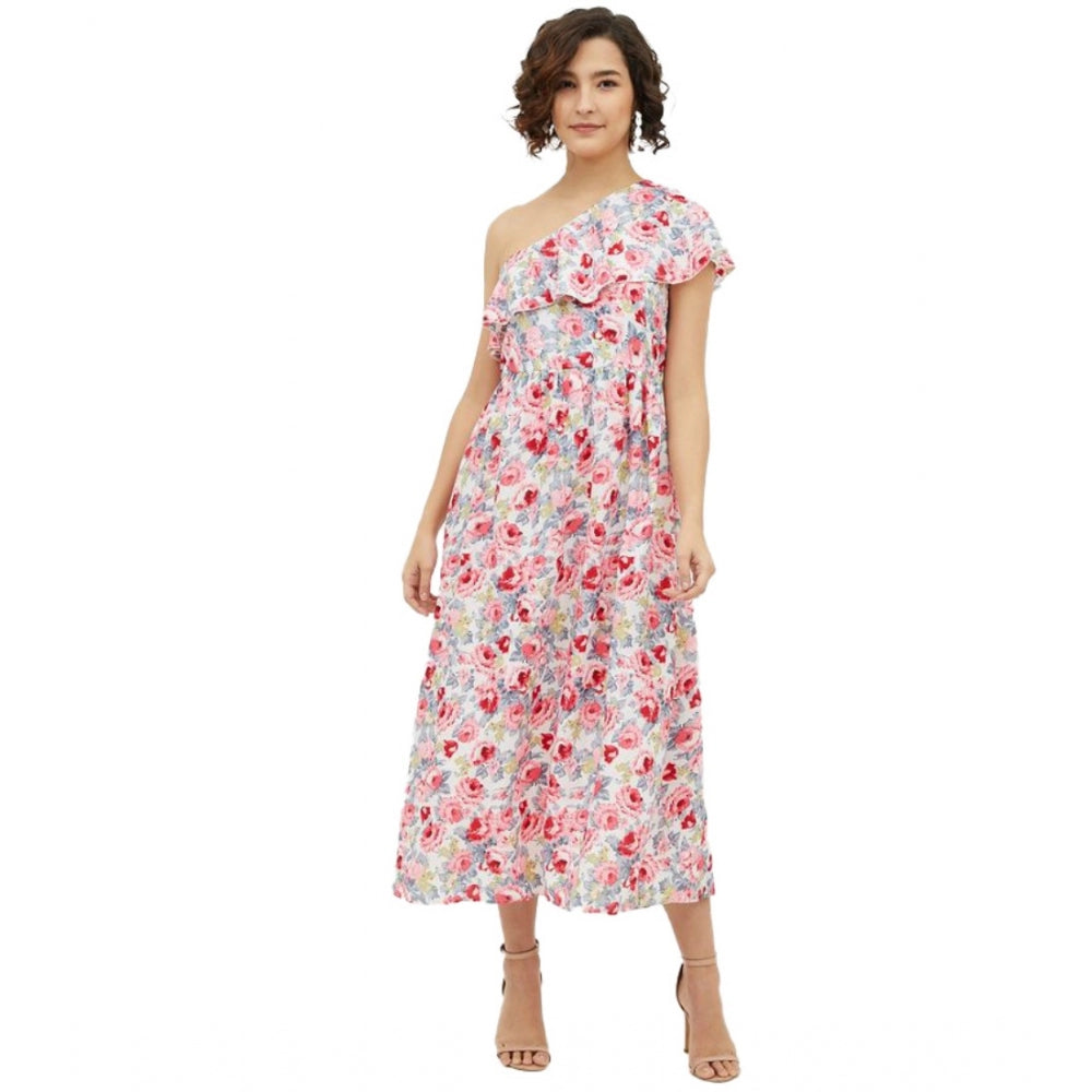 Women'S Polyester Floral One Shoulder Calf-Length Dress (Multi