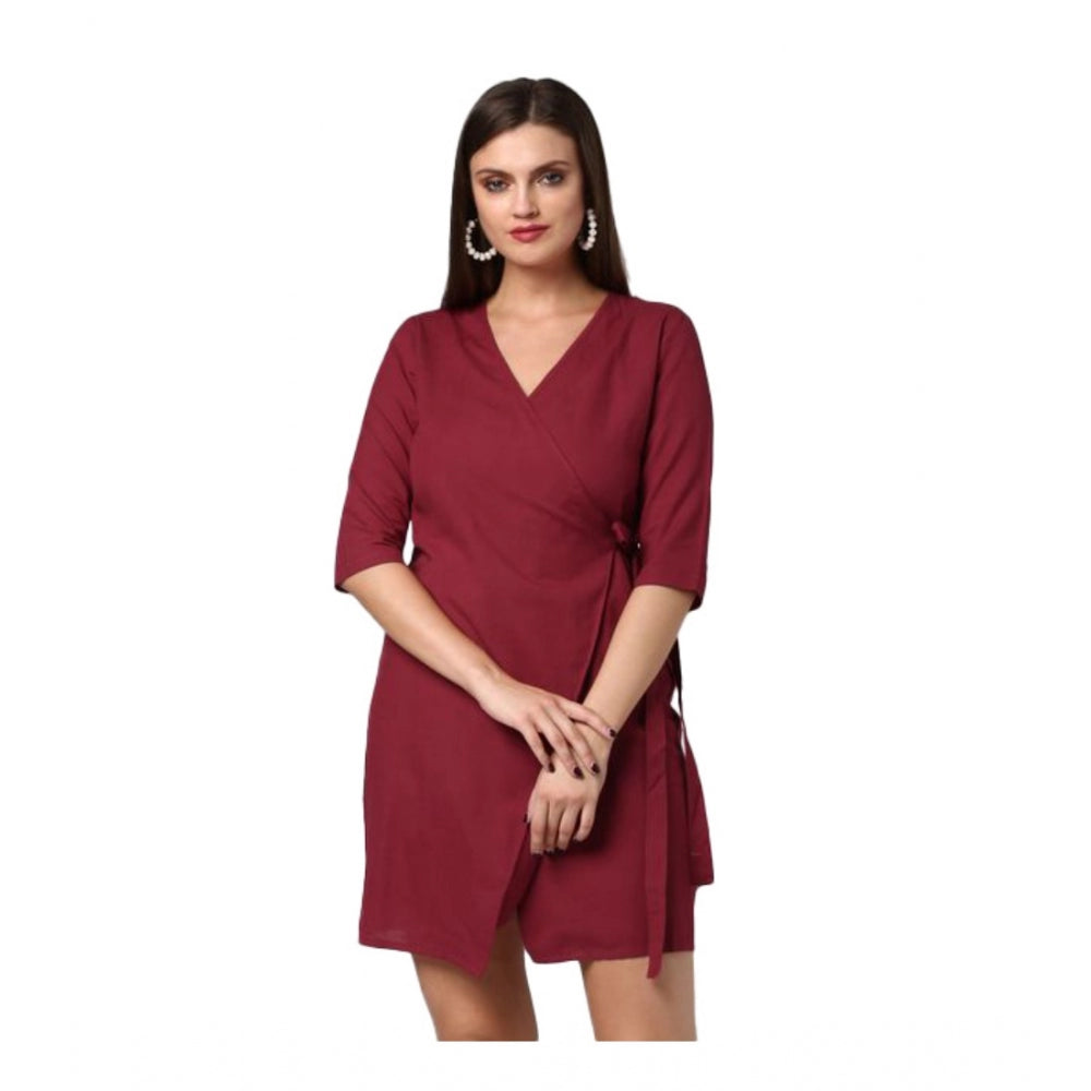 Women'S Cotton Solid 3-4Th Sleeves Above Knee Dress (Maroon)