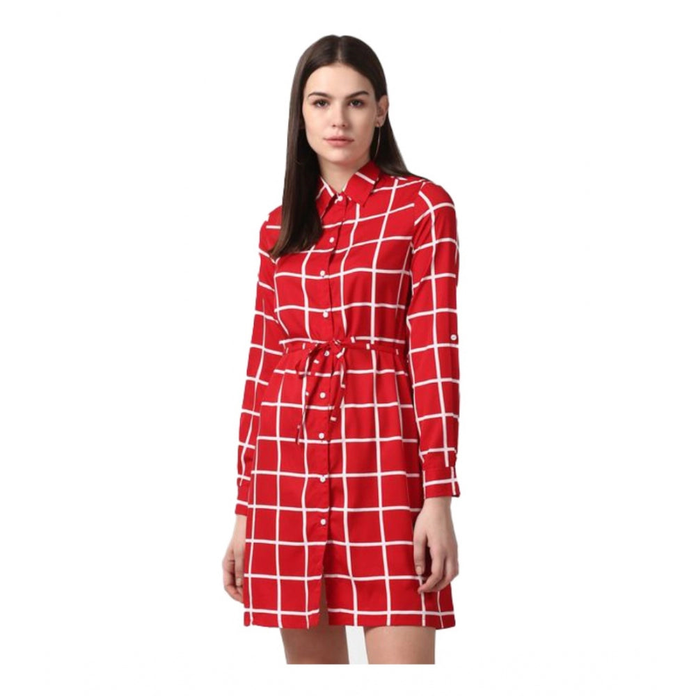 Women'S Polyester Checkered Long Sleeves Above Knee Dress (Red