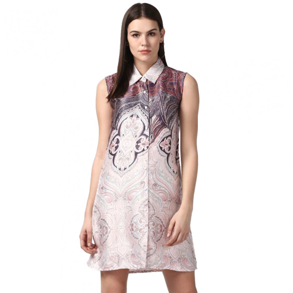 Women'S Polyester Printed Sleeveless Above Knee Dress (Orange)