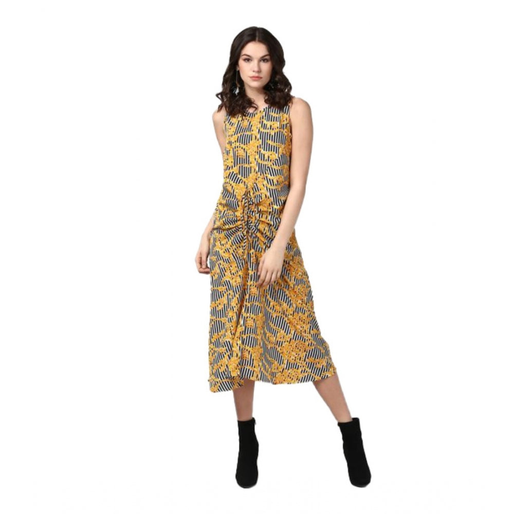 Women'S Polyester Chain Print Sleeveless Below Knee Dress (Yel