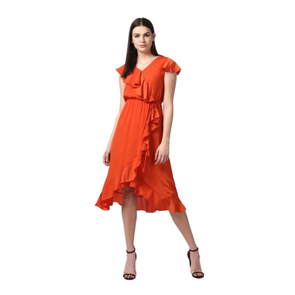 Women'S Polyester Ruffled Cap Sleeve Knee-Length Dress (Orange