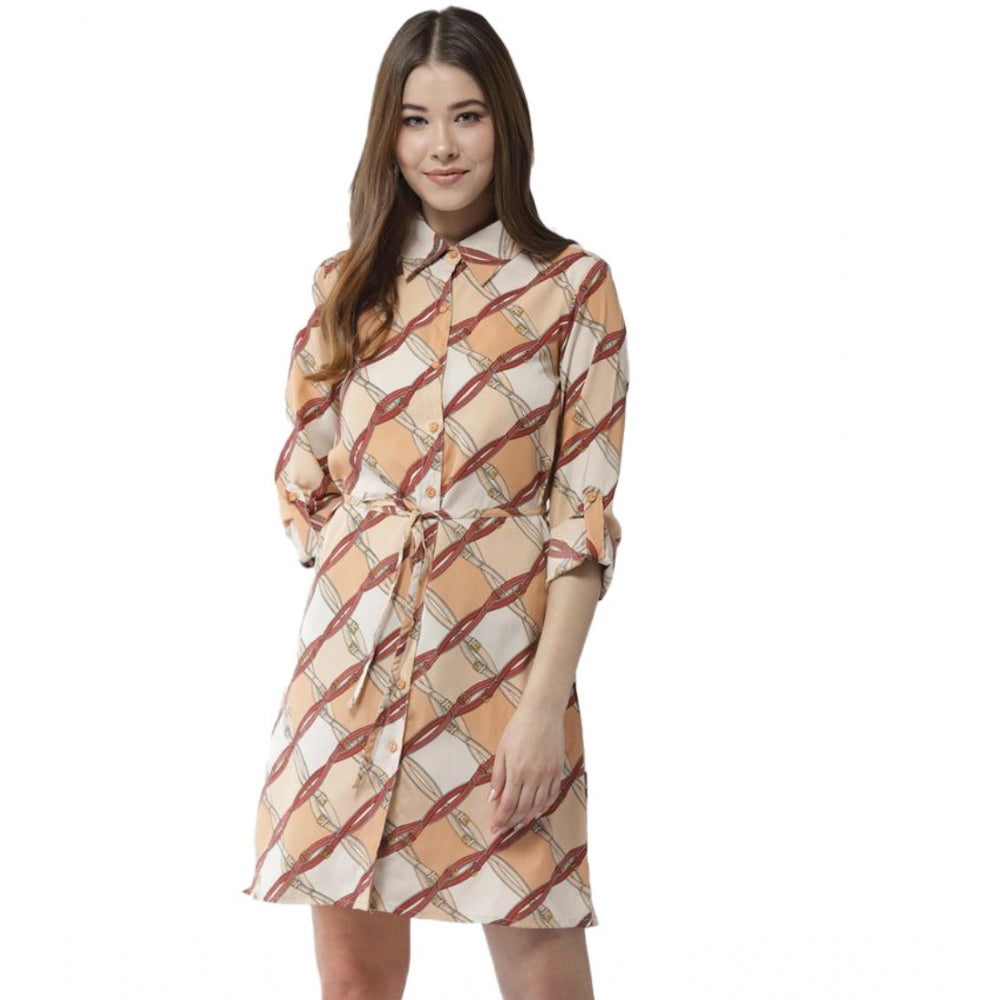 Women'S Polyester Printed Roll Up Sleeve Above Knee Dress (Off