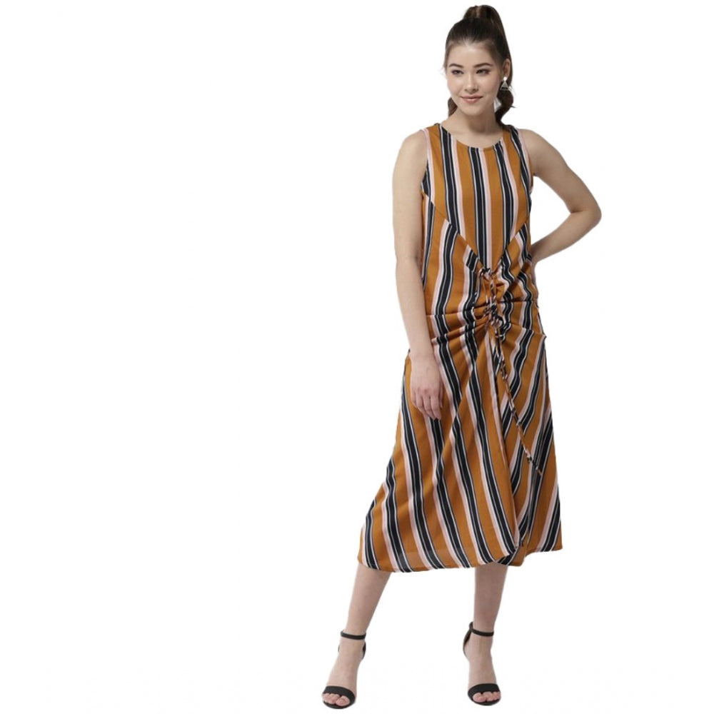 Women'S Polyester Striped Sleeveless Below Knee Dress (Mustard