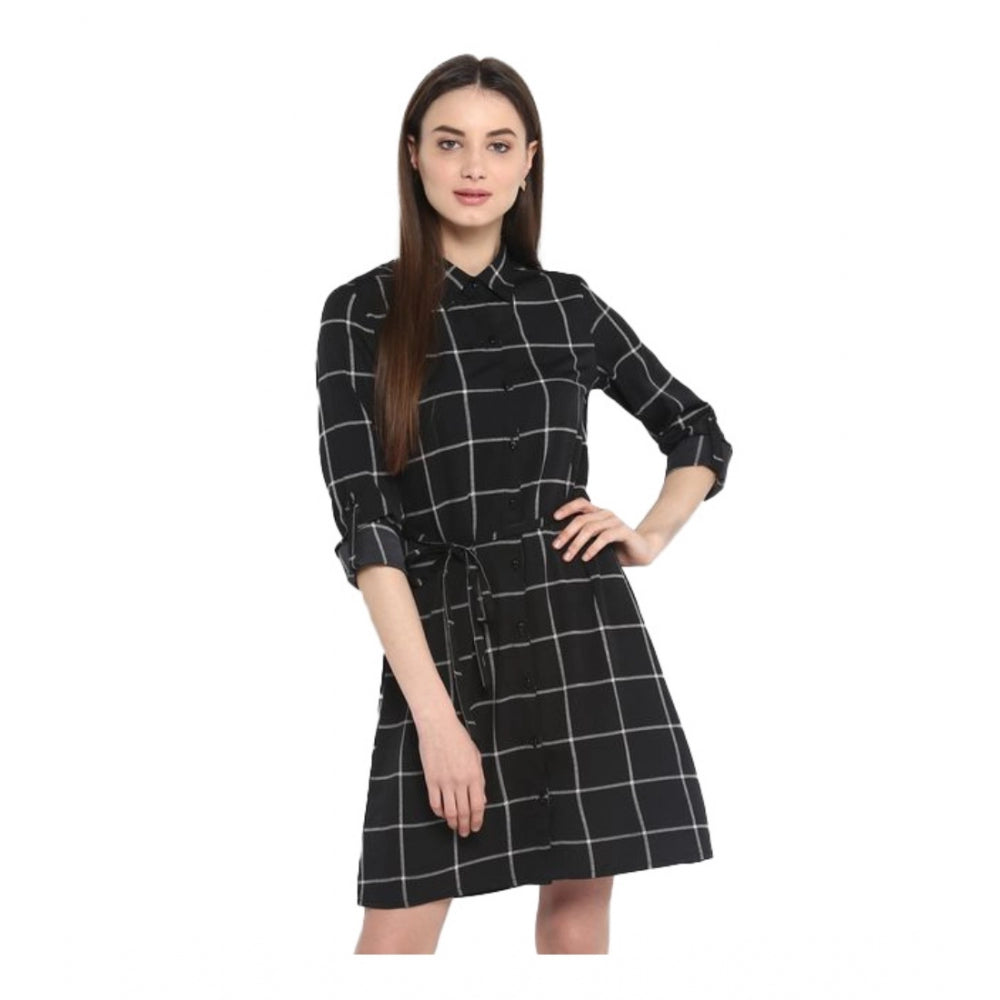 Women'S Polyester Checkered Roll Up Sleeve Above Knee Dress (B