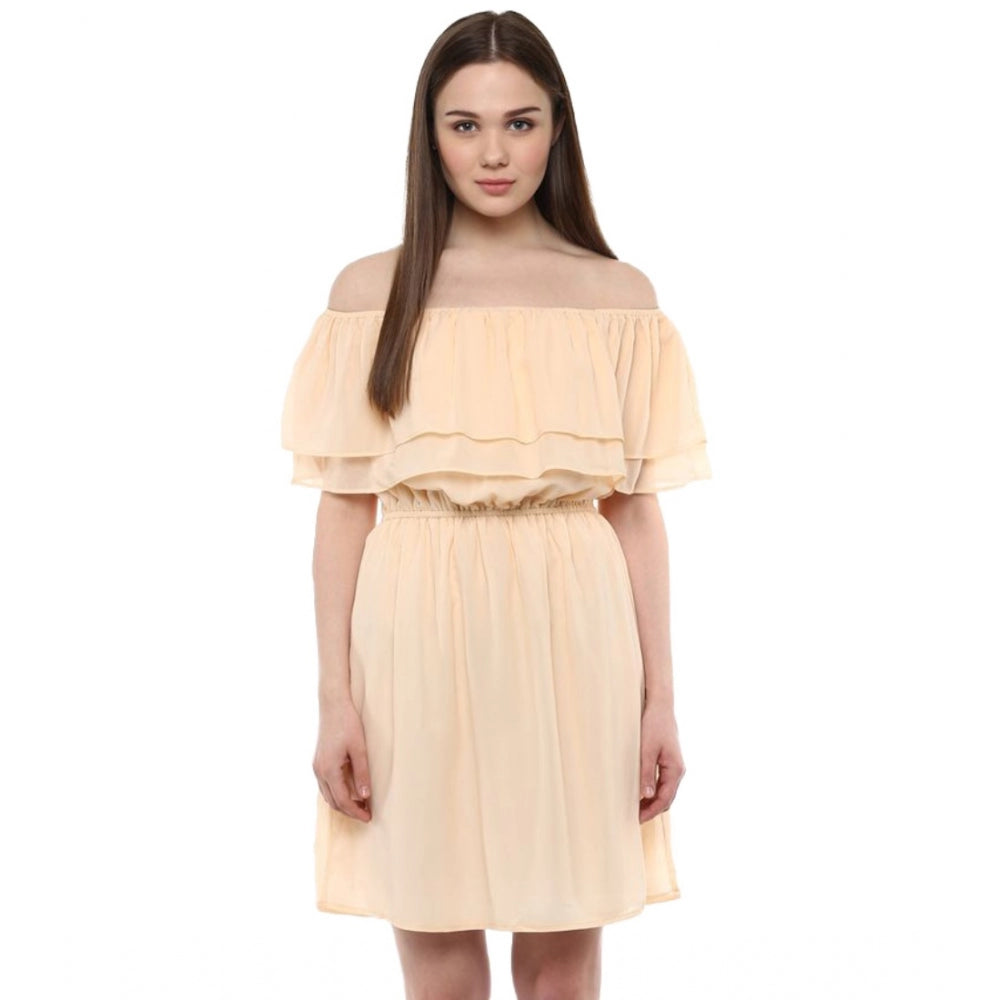 Women'S Polyester Solid Sleeveless Knee-Length Dress (Beige)