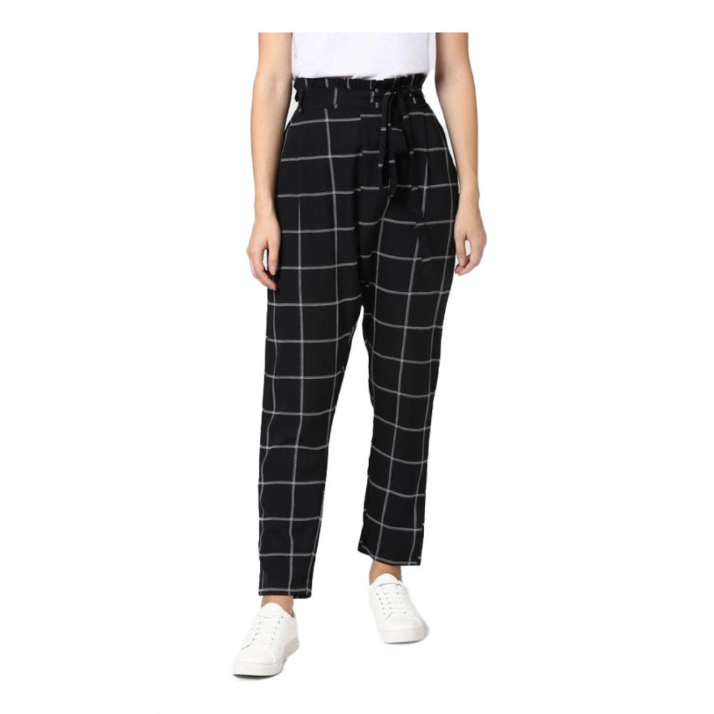 Women'S Polyester Checkered Elasticated Trousers (Black - Whit