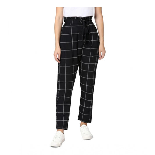 Women'S Polyester Checkered Elasticated Trousers (Black - Whit