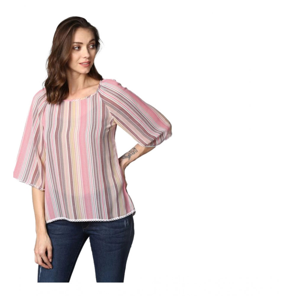 Women'S Polyester Striped 3-4Th Sleeves Top (Pink)