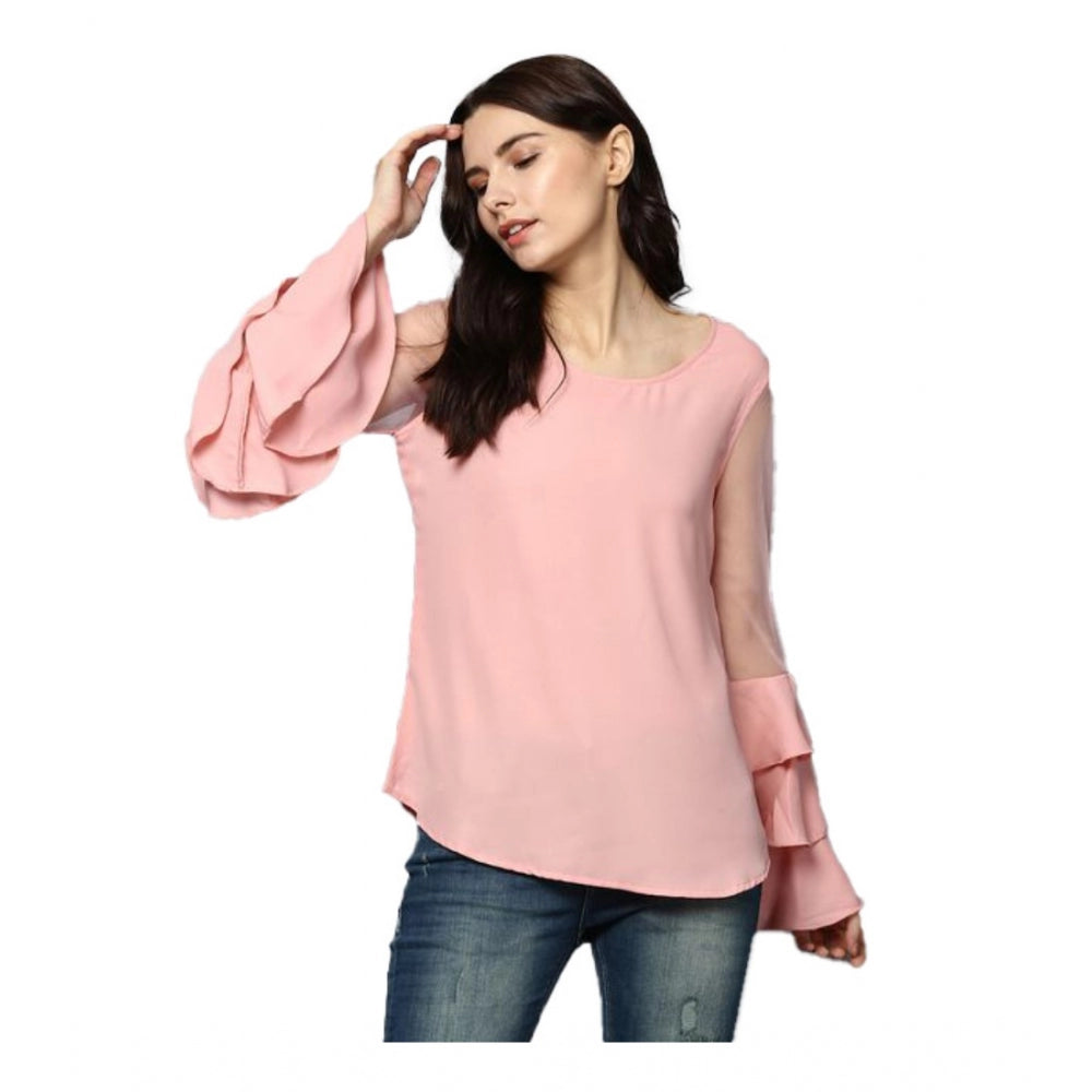 Women'S Polyester Solid Tier Sleeve Top (Pink)