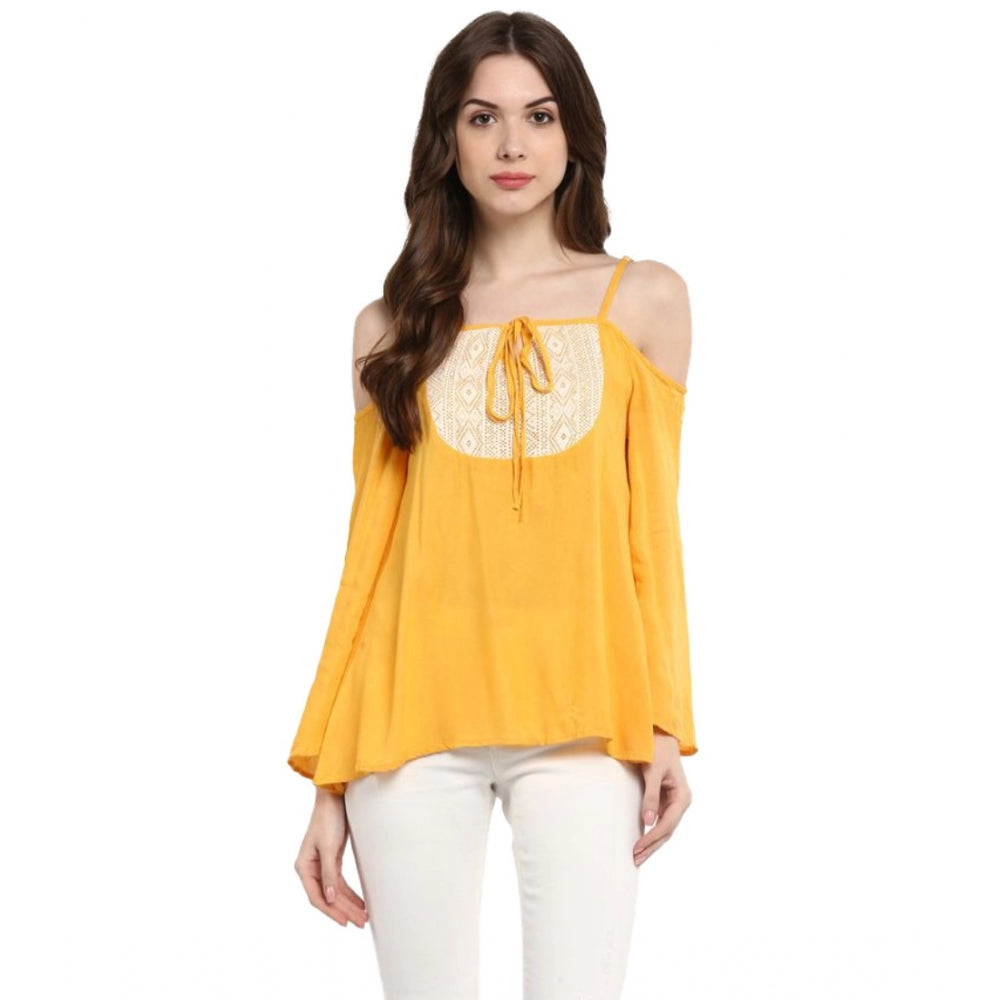 Women'S Rayon Embellished Cold Shoulder Regular Top (Mustard Y