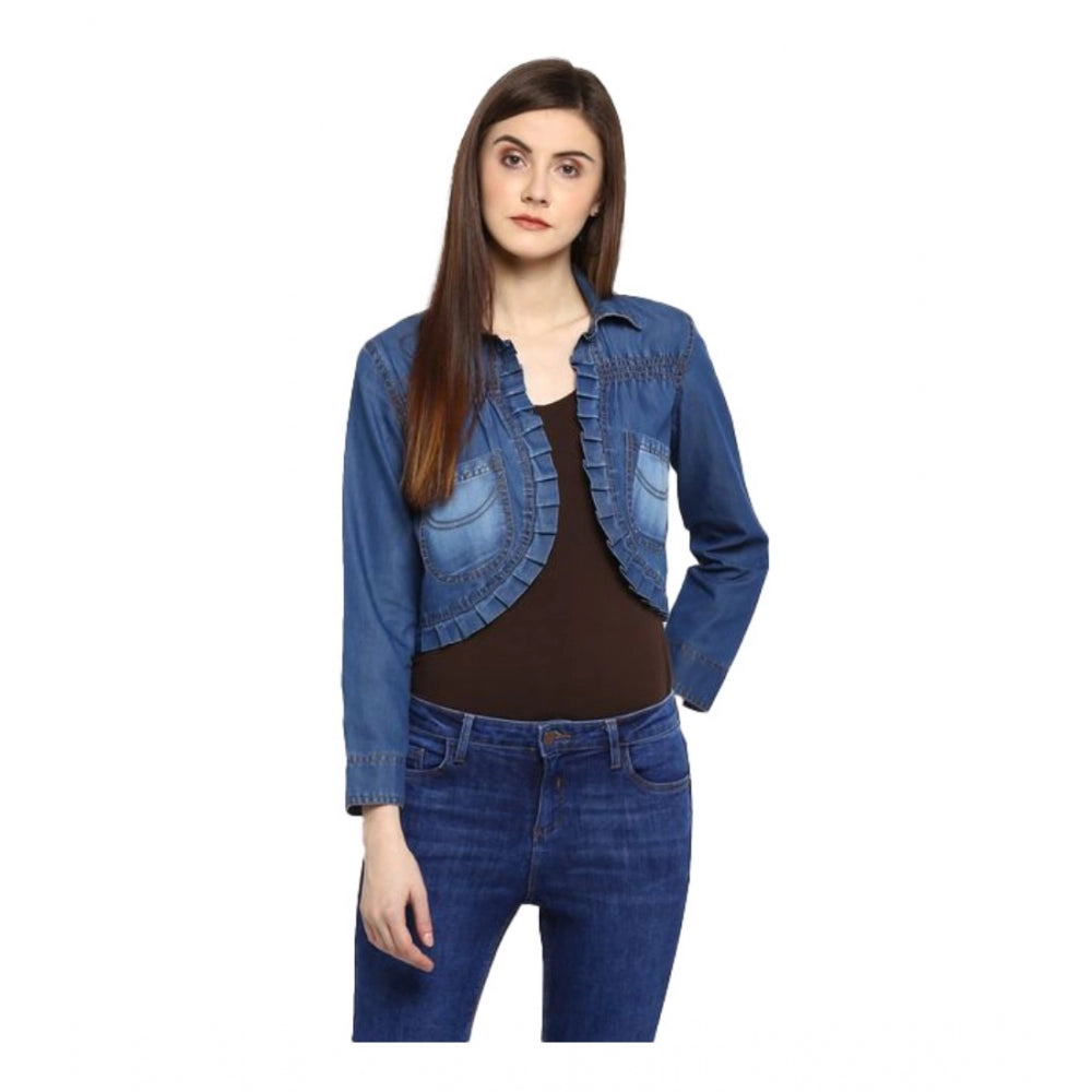 Women'S Denim Pleated 3-4Th Sleeves Shrug (Blue)