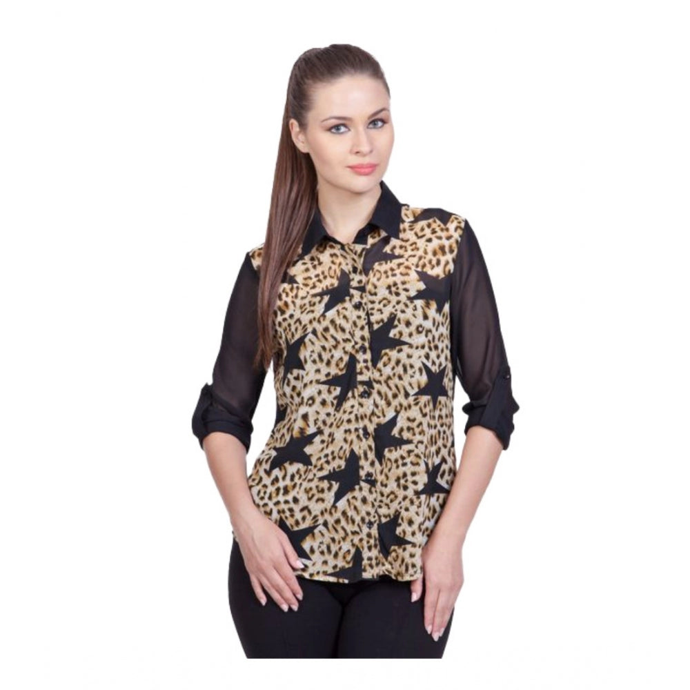 Women'S Polyester Printed Roll Up Sleeve Standard Length Shirt