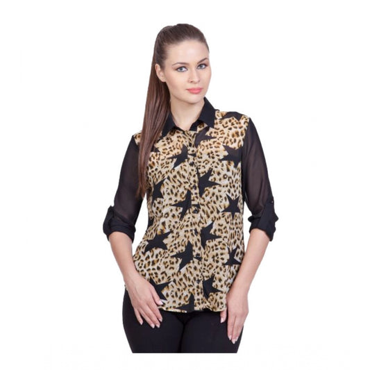 Women's Polyester Printed Roll Up Sleeve Standard Length Shirt (Black)