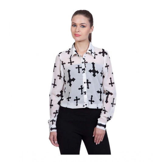Women's Polyester Printed Long Sleeves Standard Length Shirt (White)