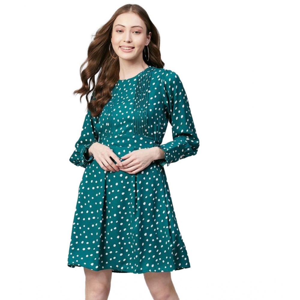 Women'S Polyester Polka Long Sleeves Above Knee Dress (Green