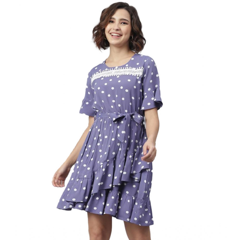 Women'S Polyester Polka Bell Sleeve Above Knee Dress (Lavender
