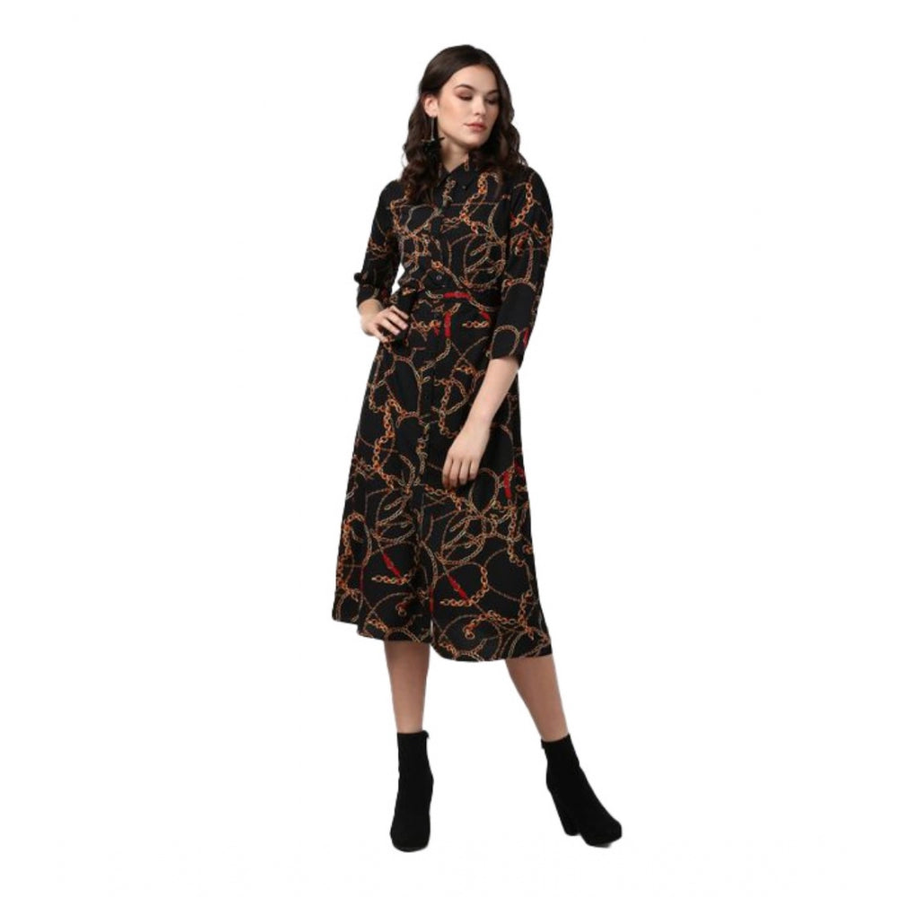 Women'S Polyester Chain Print Roll Up Sleeve Below Knee Dress