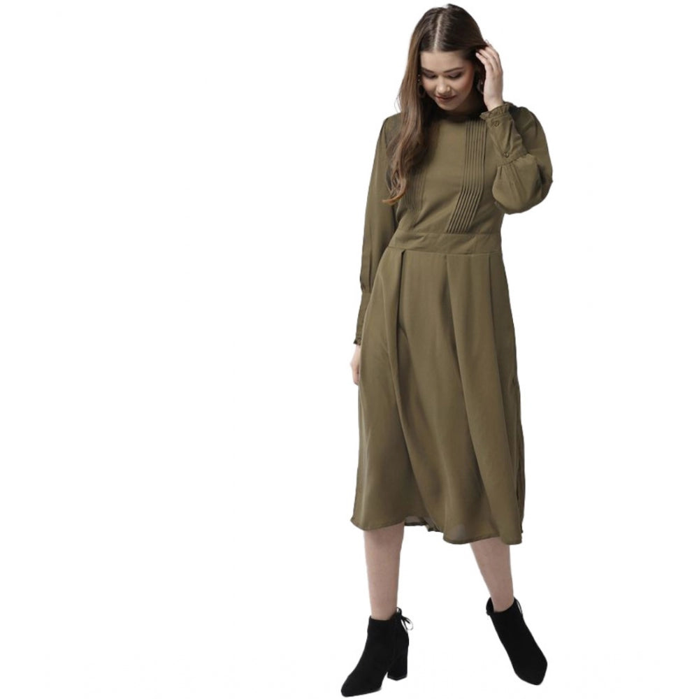 Women'S Polyester Pintuck Long Sleeves Below Knee Dress (Olive