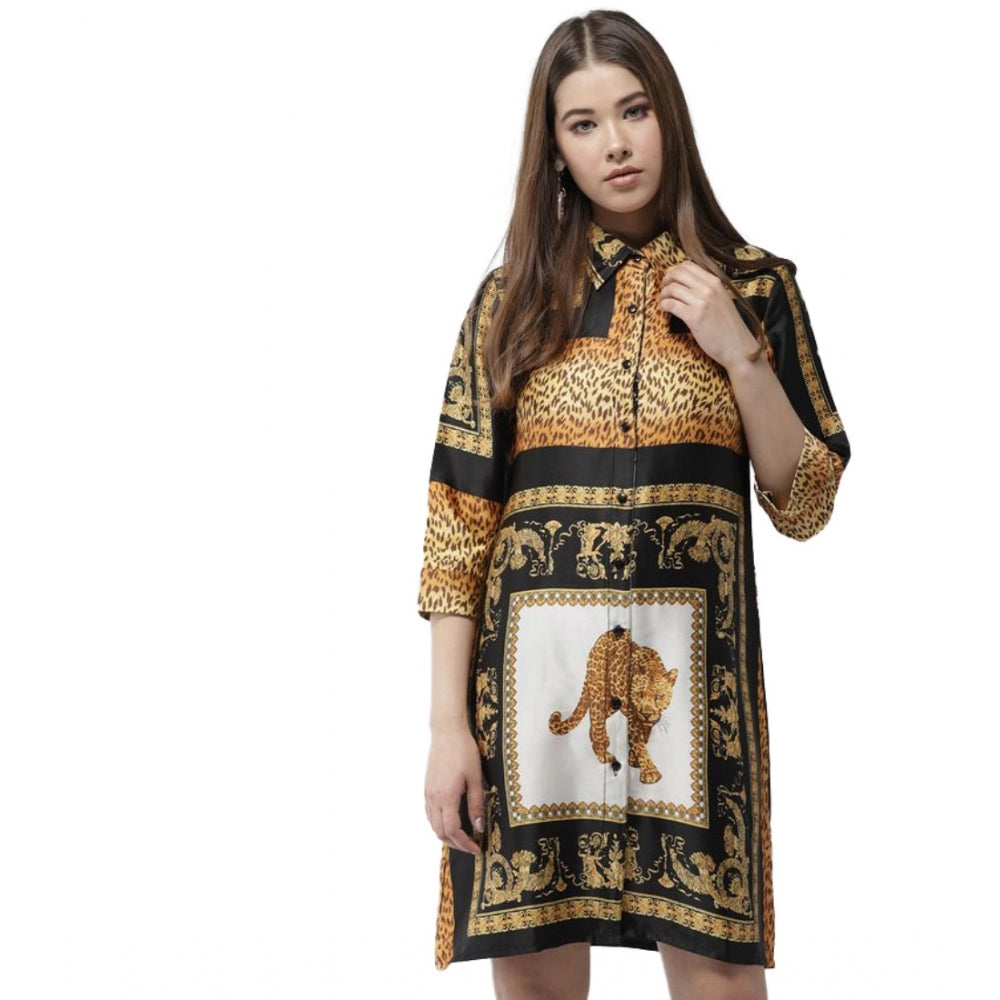 Women'S Satin Animal Print 3-4Th Sleeves Above Knee Dress (Whi