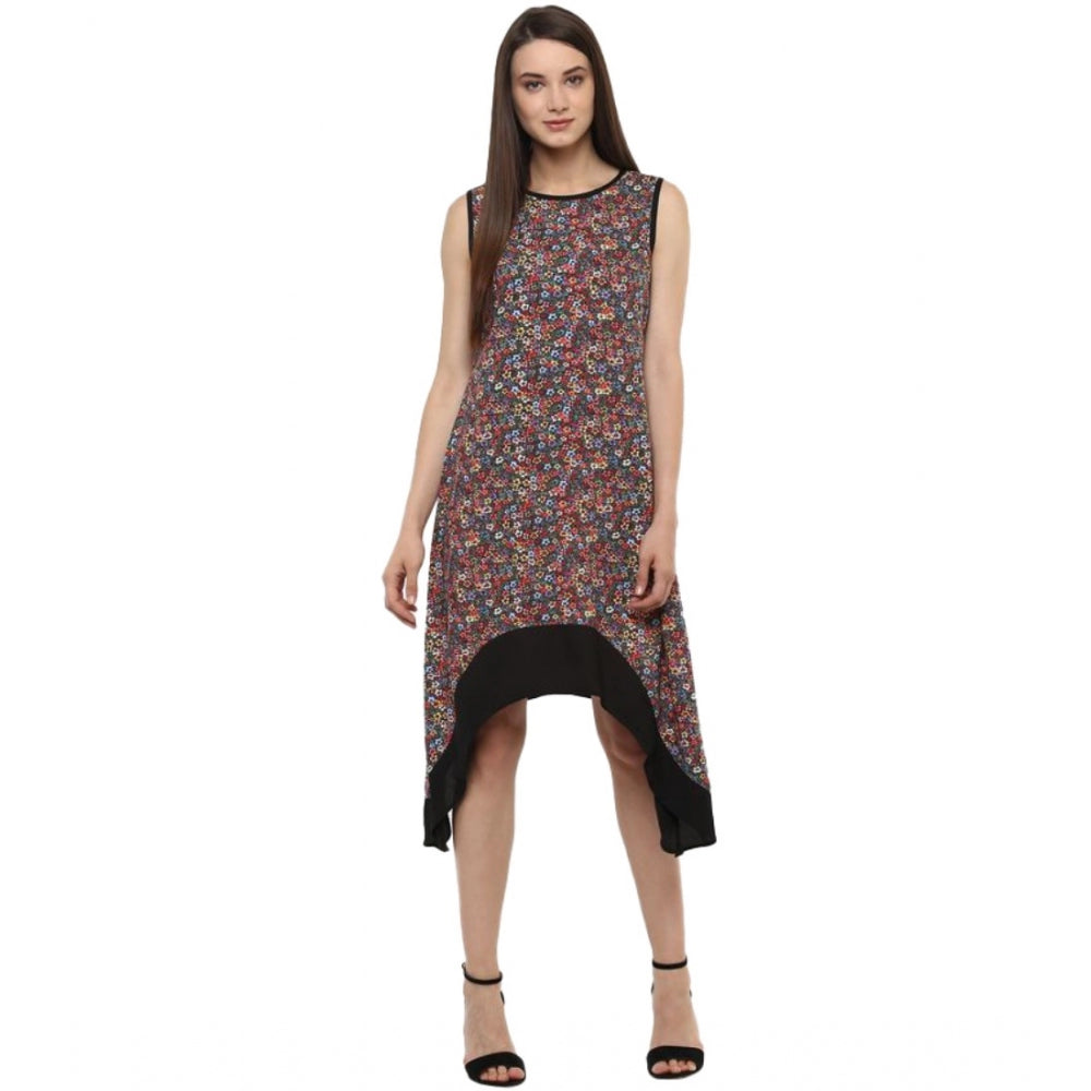 Women'S Polyester Printed Sleeveless Knee-Length Dress (Multic
