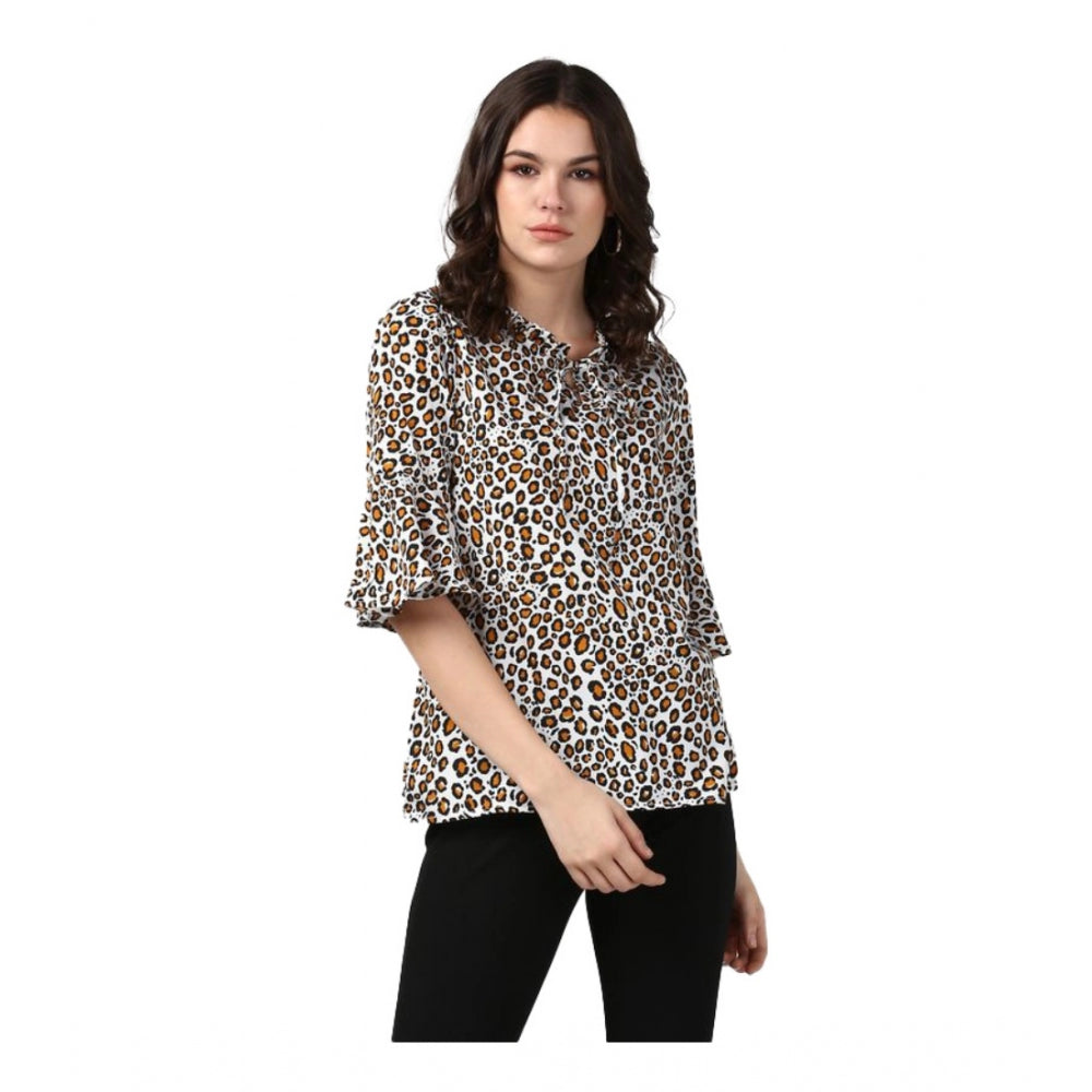Women'S Polyester Animal Print Bell Sleeve Top (Orange - Black