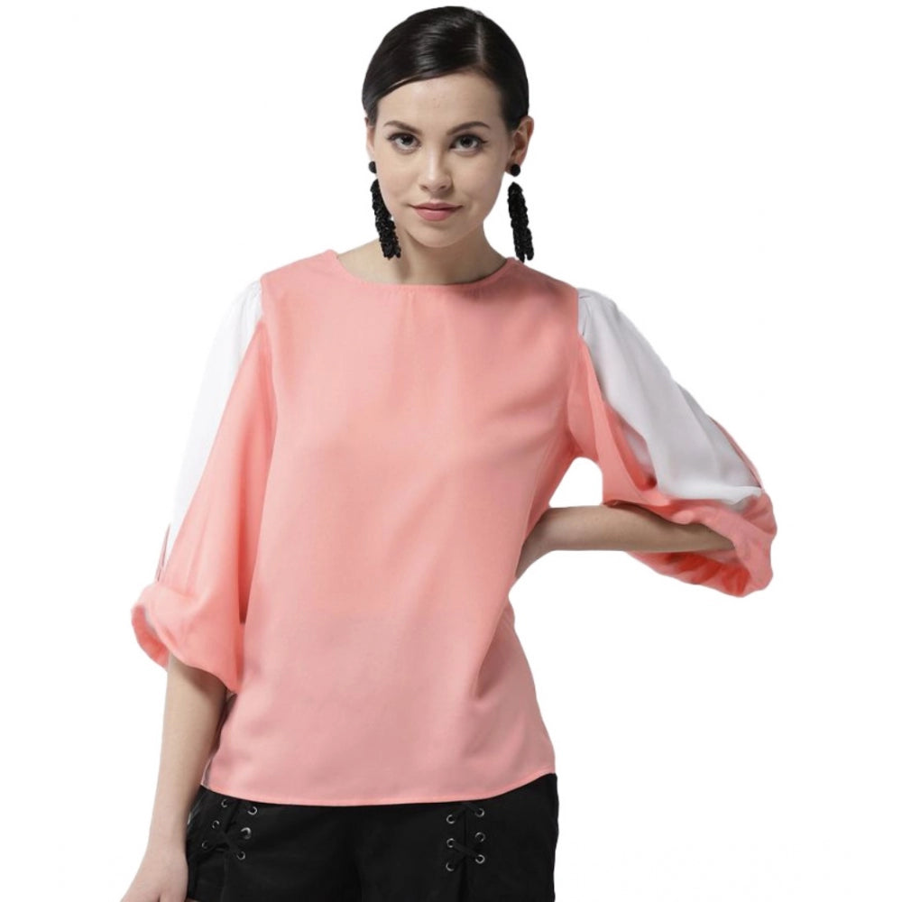 Women'S Polyester Colour Block Slit Sleeve Top (Pink)
