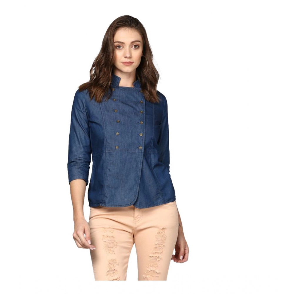 Women'S Denim Solid 3-4Th Sleeves Top (Blue)