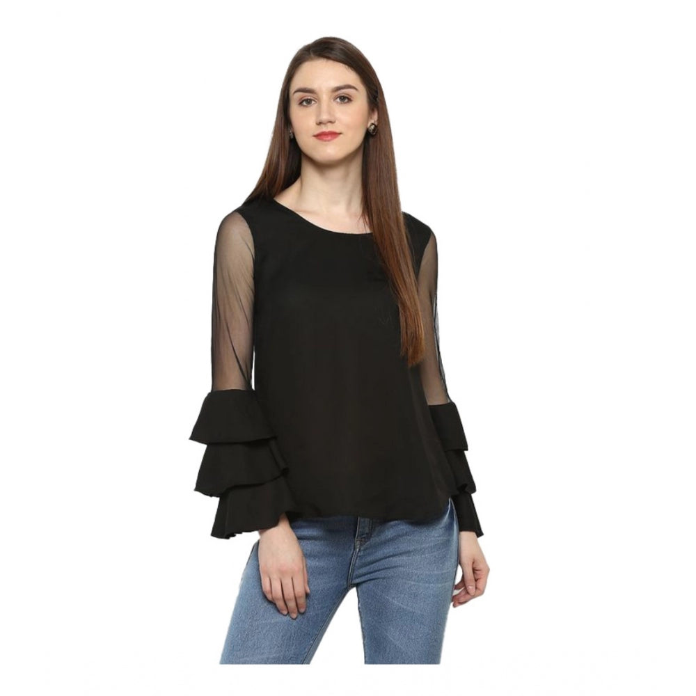 Women'S Polyester Solid Tier Sleeve Top (Black)