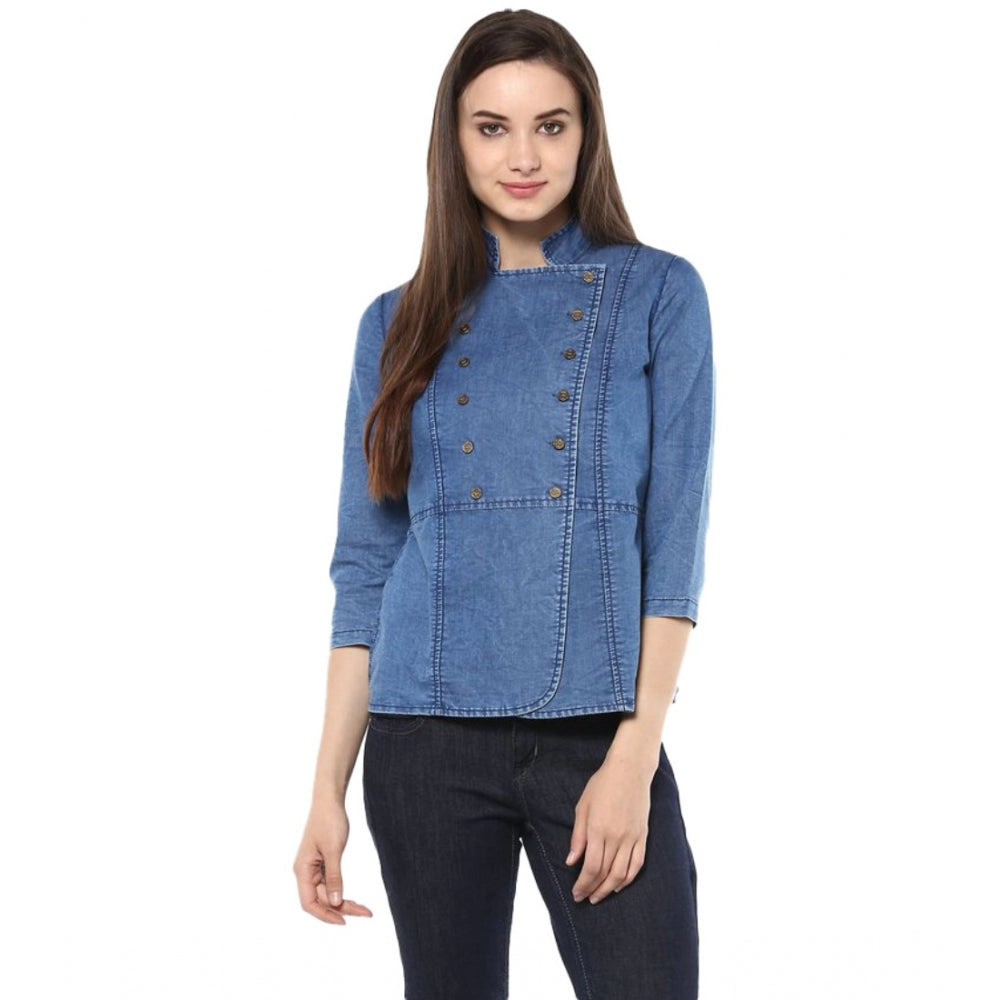 Women'S Denim Solid 3-4Th Sleeves Regular Top (Blue)
