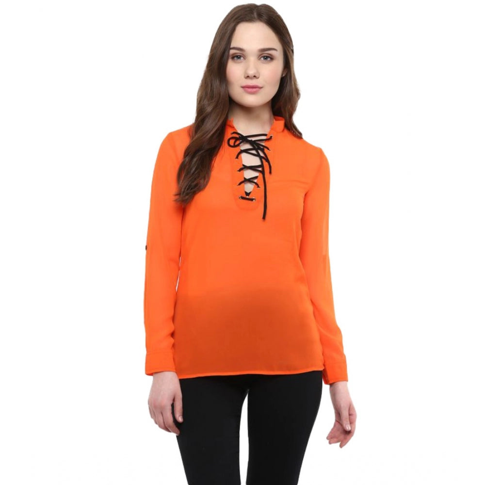 Women'S Polyester Solid Long Sleeves Regular Top (Orange)