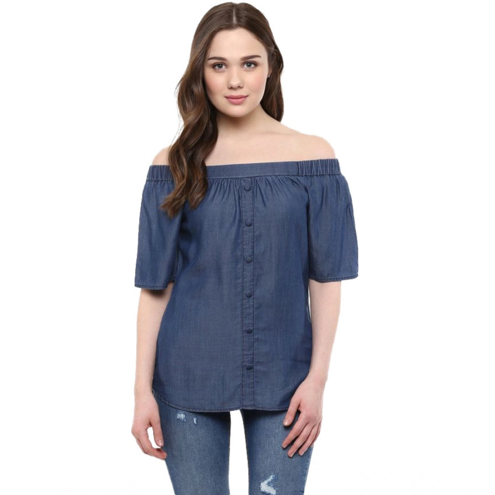Women'S Denim Solid Short Sleeve Regular Top (Blue)