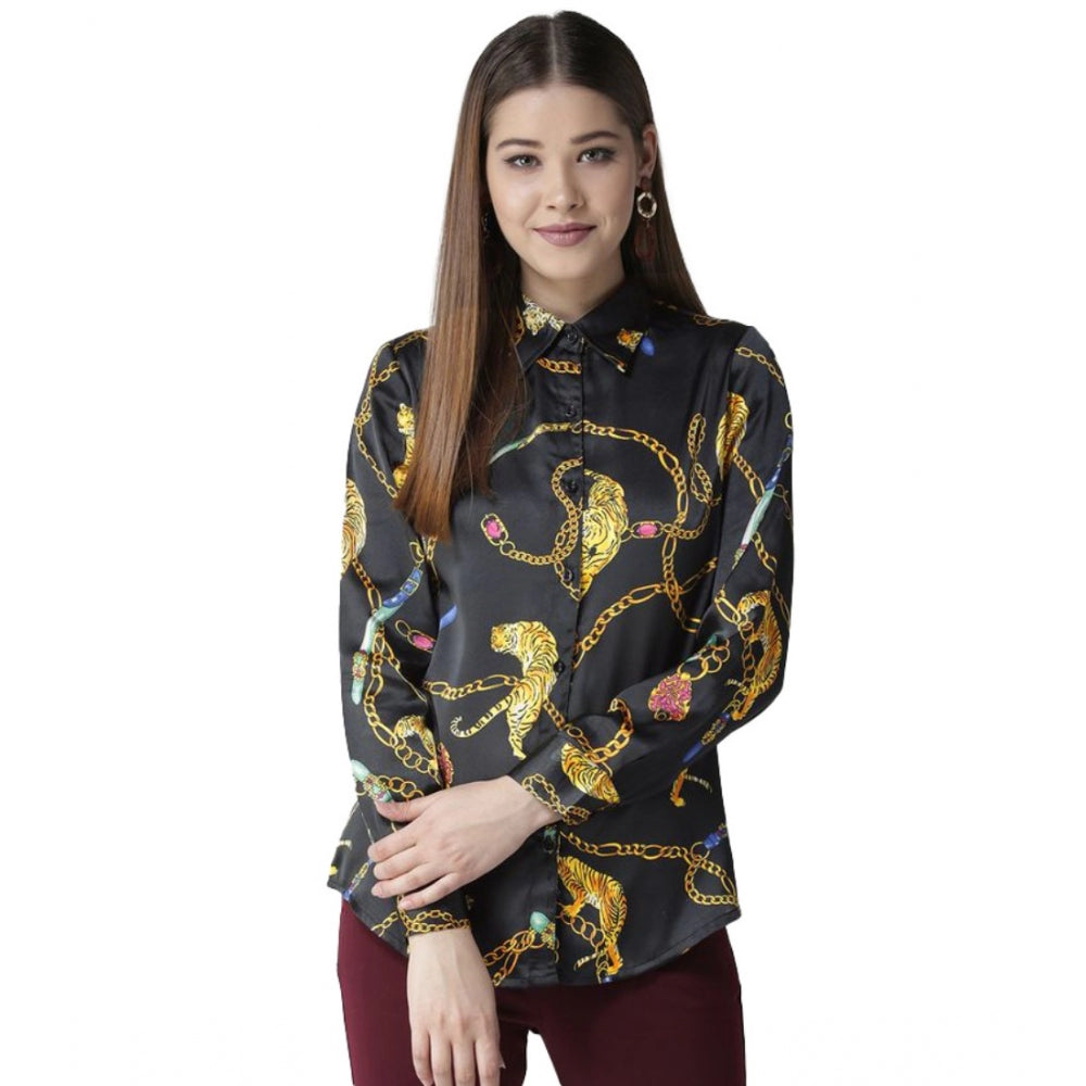 Women'S Satin Printed Long Sleeves Standard Length Shirt (Blac