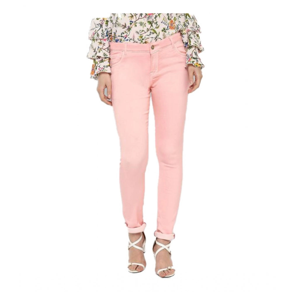 Women'S Denim Solid Buttoned Jeans (Pink)