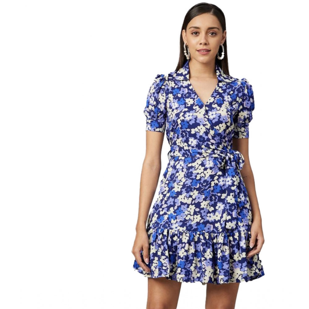 Women'S Polyester Floral Short Sleeve Above Knee Dress (Blue