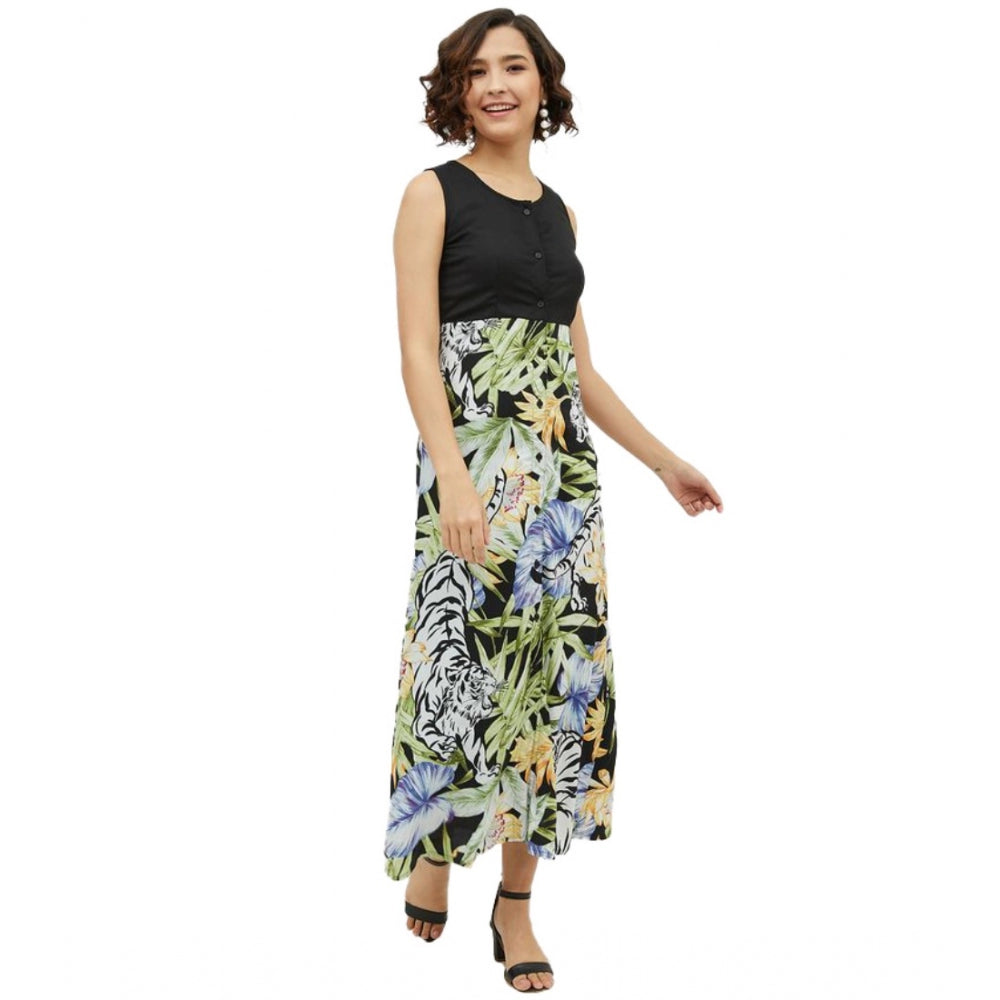 Women'S Rayon Floral Sleeveless Calf-Length Dress (Multicolor)