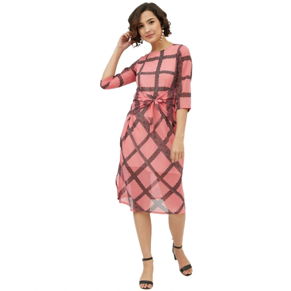 Women'S Polyester Checkered 3-4Th Sleeves Below Knee Dress (Pi