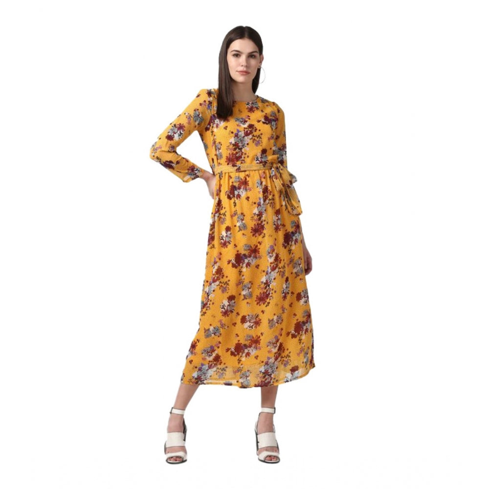 Women'S Polyester Floral Long Sleeves Calf-Length Dress (Yello