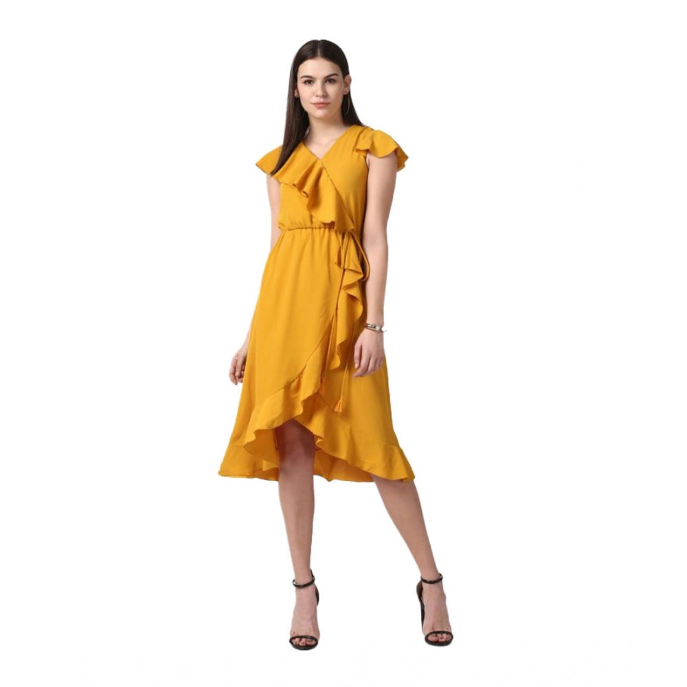 Women'S Polyester Ruffled Cap Sleeve Knee-Length Dress (Yellow