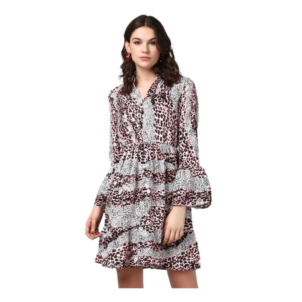 Women'S Polyester Animal Print Bell Sleeve Above Knee Dress (P