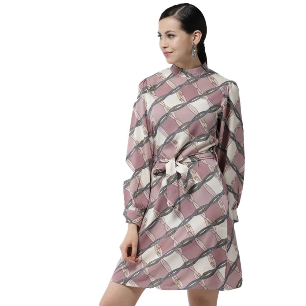 Women'S Polyester Checkered Long Sleeves Above Knee Dress (Off
