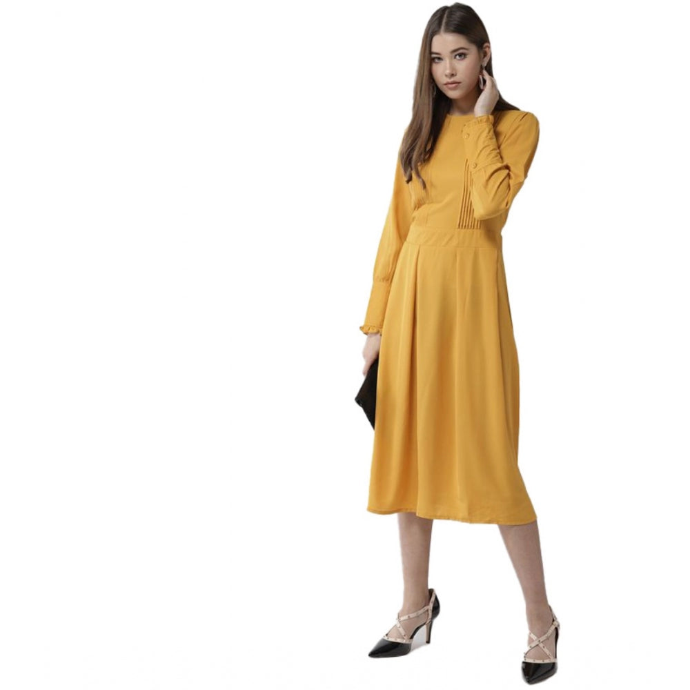 Women'S Polyester Pintuck Long Sleeves Below Knee Dress (Yello