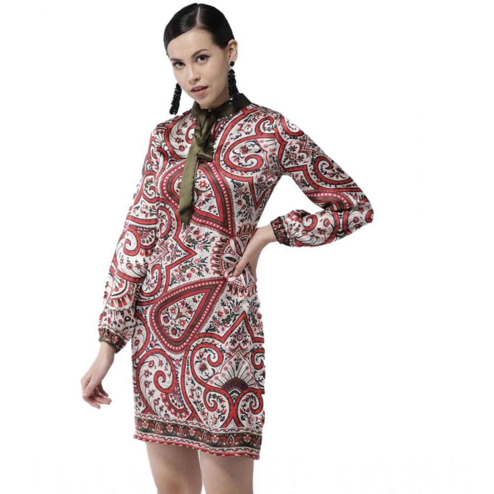 Women'S Polyester Printed Long Sleeves Above Knee Dress (Red)