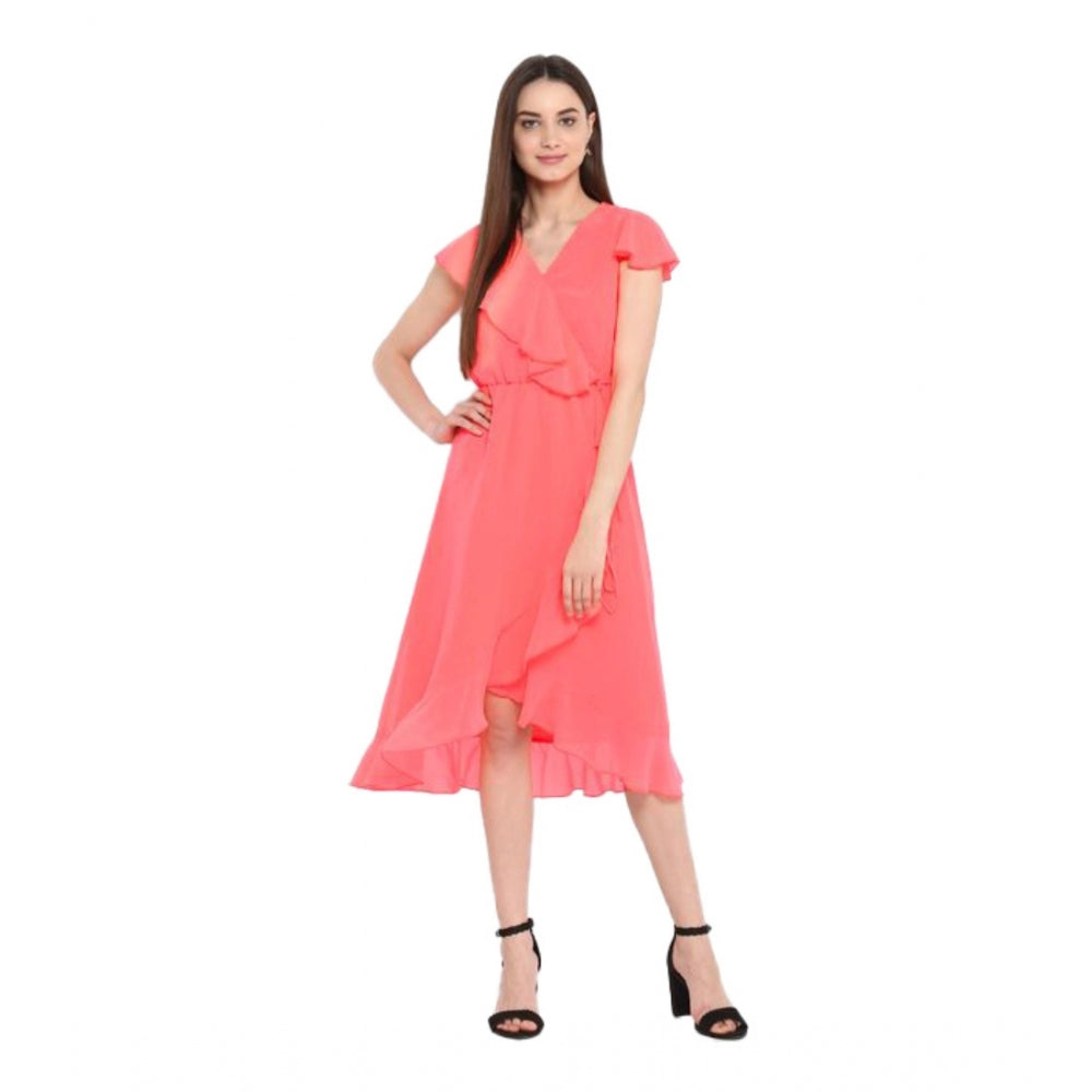 Women'S Polyester Ruffled Cap Sleeve Below Knee Dress (Coral P