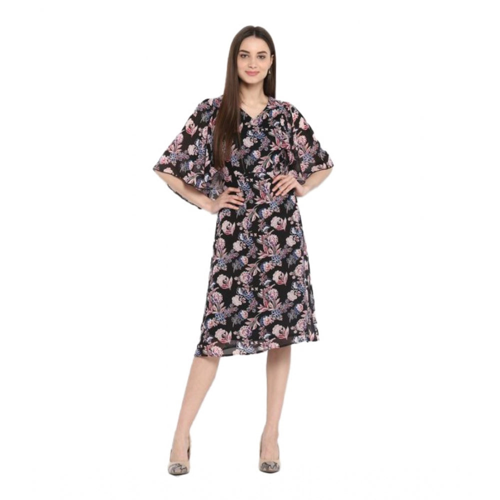 Women'S Polyester Floral Short Sleeve Knee-Length Dress (Black