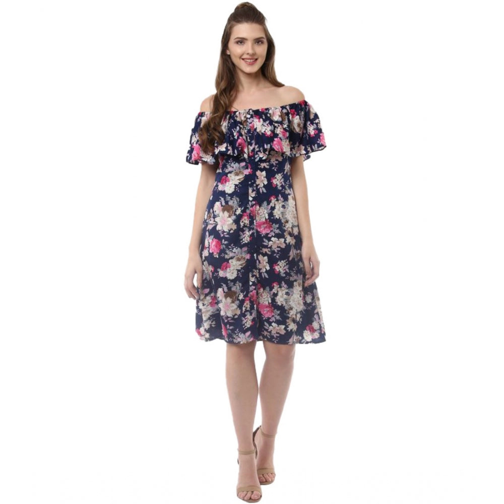 Women'S Polyester Crepe Floral Half Sleeve Above Knee Dress (N