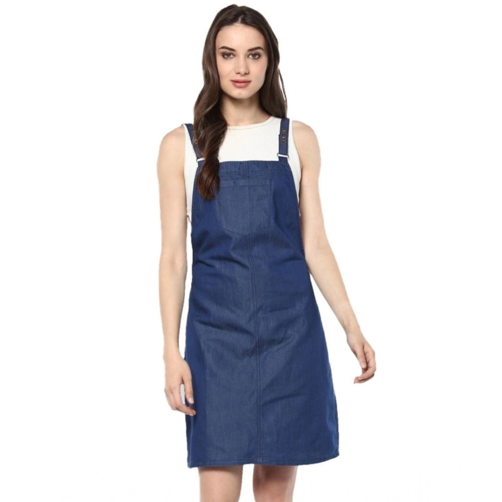 Women'S Denim Solid Shoulder Straps Above Knee Dress (Blue)