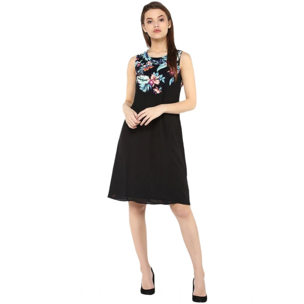 Women'S Polyester Printed Sleeveless Above Knee Dress (Black