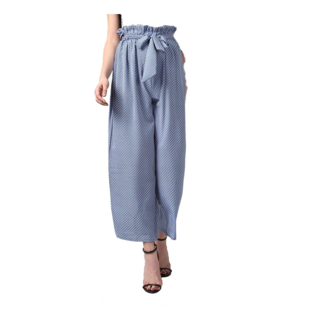 Women'S Polyester Striped Elasticated Trousers (Blue)