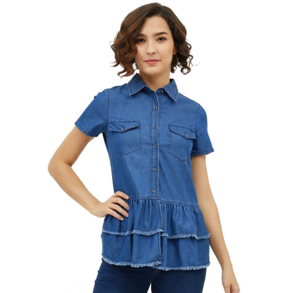 Women'S Denim Peplum Short Sleeve Top (Blue)
